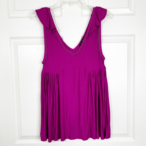 French Connection Deep V-Neck Ruffle Shoulders Babydoll Tank Top Women’s Sz M - Picture 1 of 8